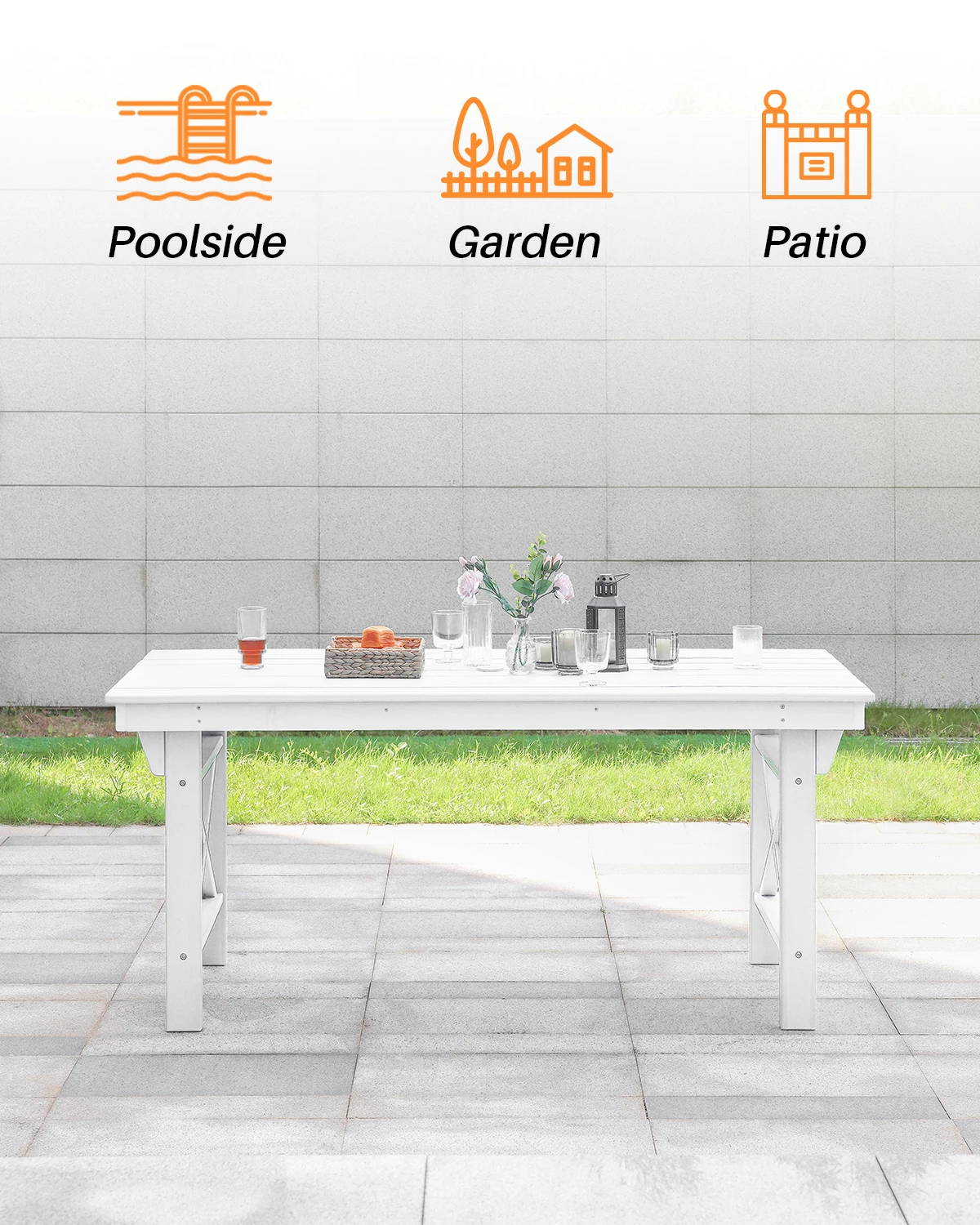 Mesa de comedor para exterior SeeHill Pearl HDPE, mesa rectangular para patio de 66,9 pulgadas para 6, mesa resistente a la intemperie con orificio para sombrilla de 2,2" para jardín