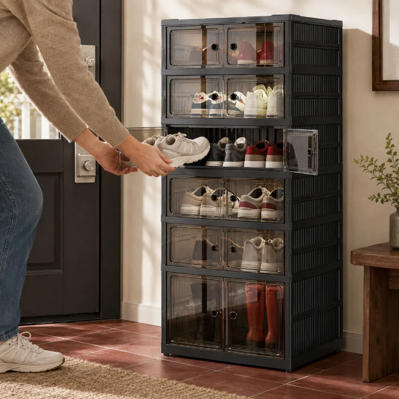 Foldable Shoe Storage Cabinet with Magnetic Clear Doors, 3/6/9-Tier Stackable Shoe Organizer for Entryway, Closet & Bedroom, Space-Saving Collapsible Sneaker Storage Rack with Wheels, Standard & Tall Compartments, Black view 5