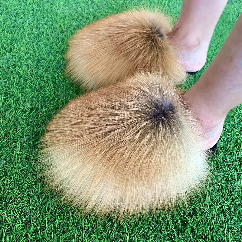 Raccoon Fur Slippers New Designer Real Tan  Fur Women Slides Slippers For Season With Customized Color