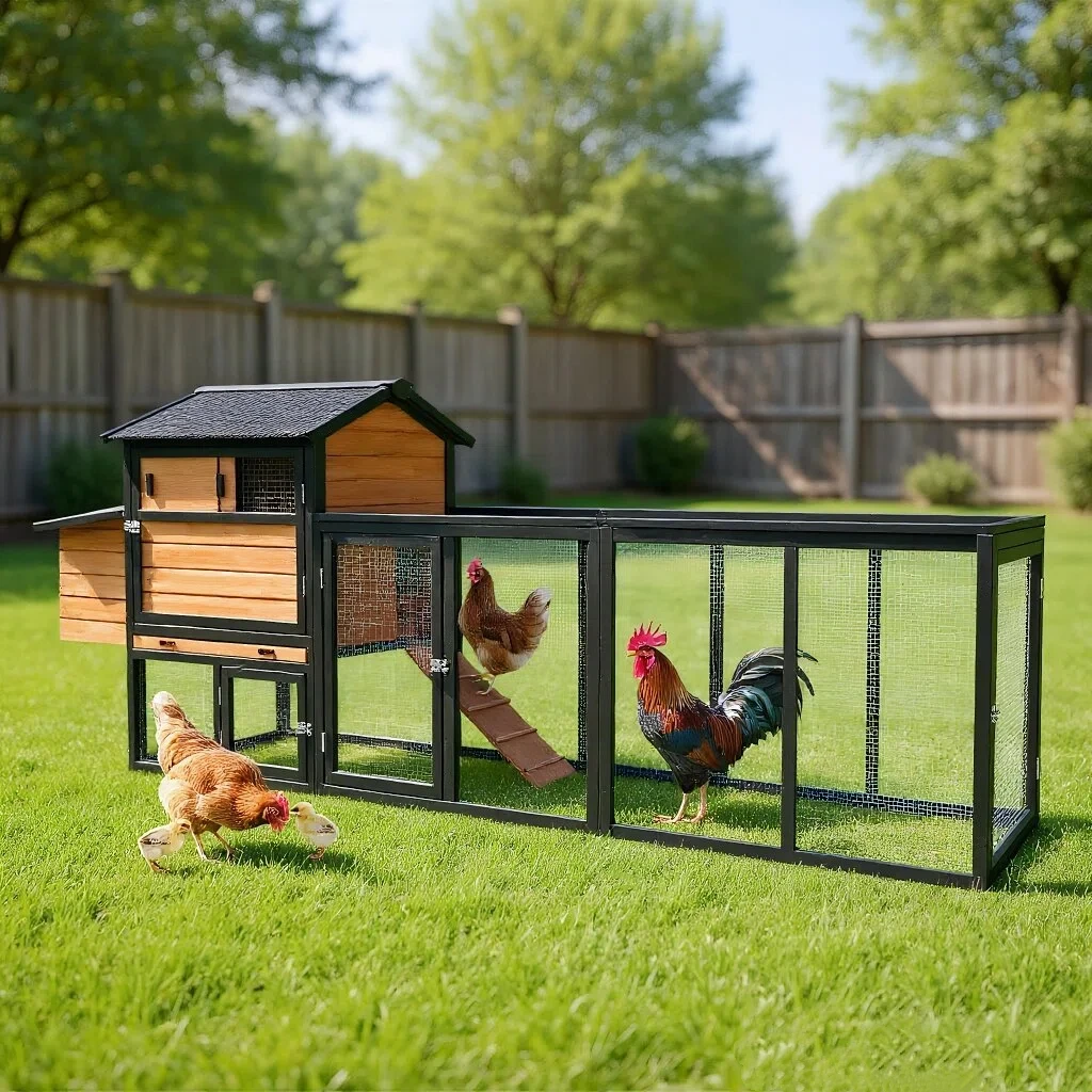 Brown & Black Wooden Chicken Coop, Large Outdoor Hen House with Run & Nesting Box, Waterproof Backyard Poultry Cage