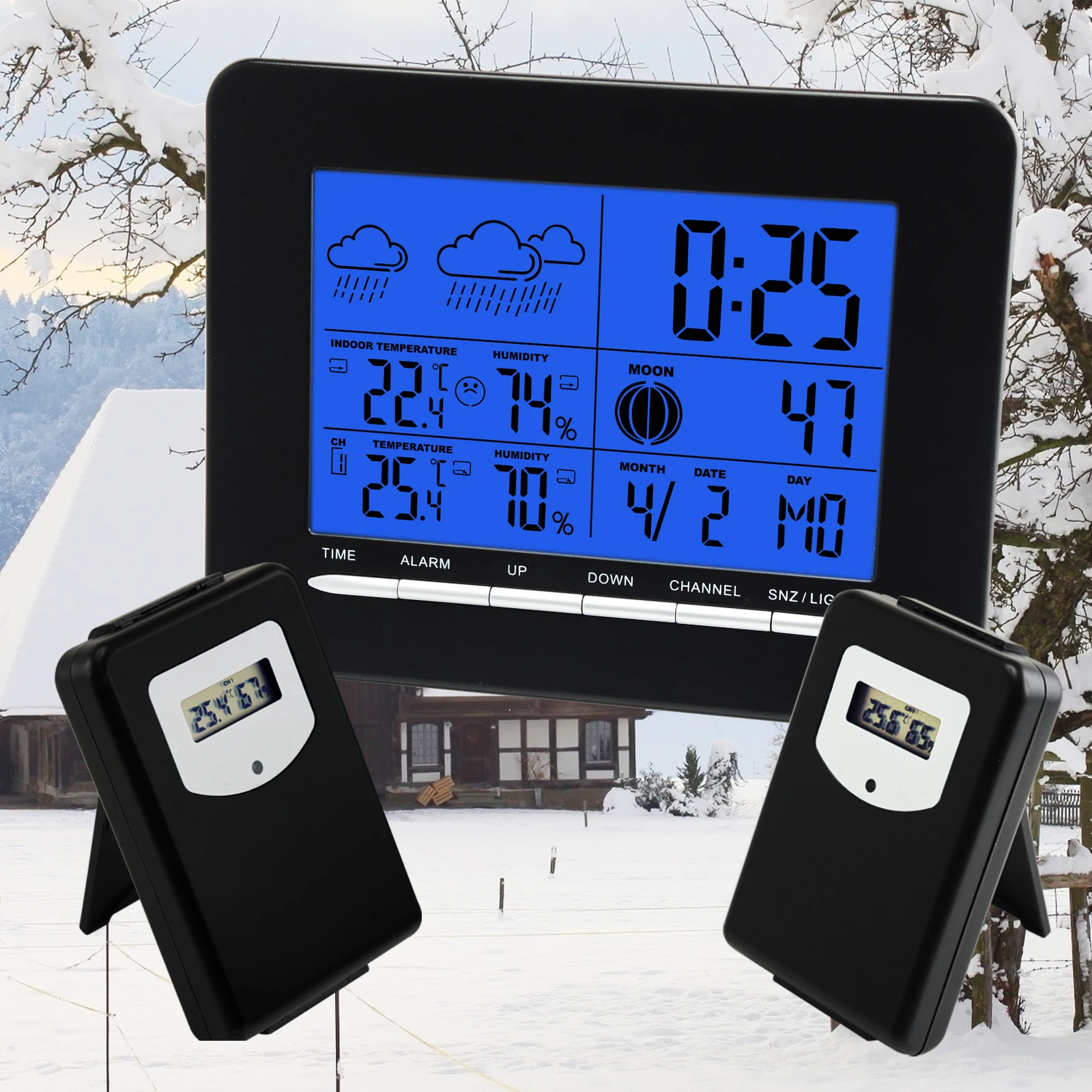 Wireless Weather Station with 2 Sensors Indoor/Outdoor Temp & Humidity Monitor Forecast, Moon Phase, Alarm with LED Backlight
