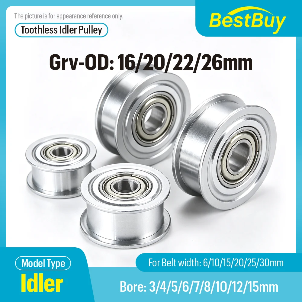 Smooth Toothless Aluminum Flange Idler Pulley with Bearings, 16/20/22/26mm Grv‑OD for 6-30mm Width Timing Belt Tension Roller