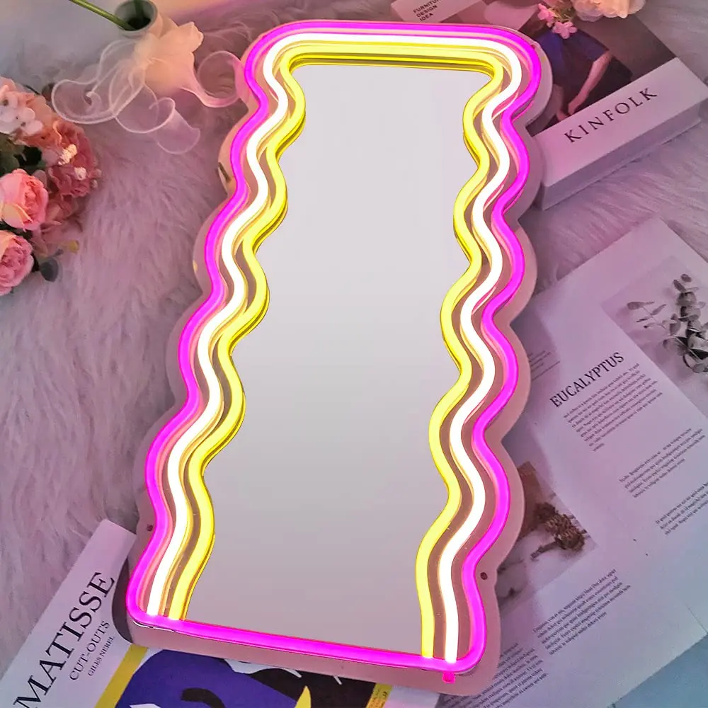 Wavy Mirror Neon Signs Wall Decor Wall Mounted Irregular Decorative Selfie Mirrors Neon Lights for Beauty Nail Salon Night Lamp