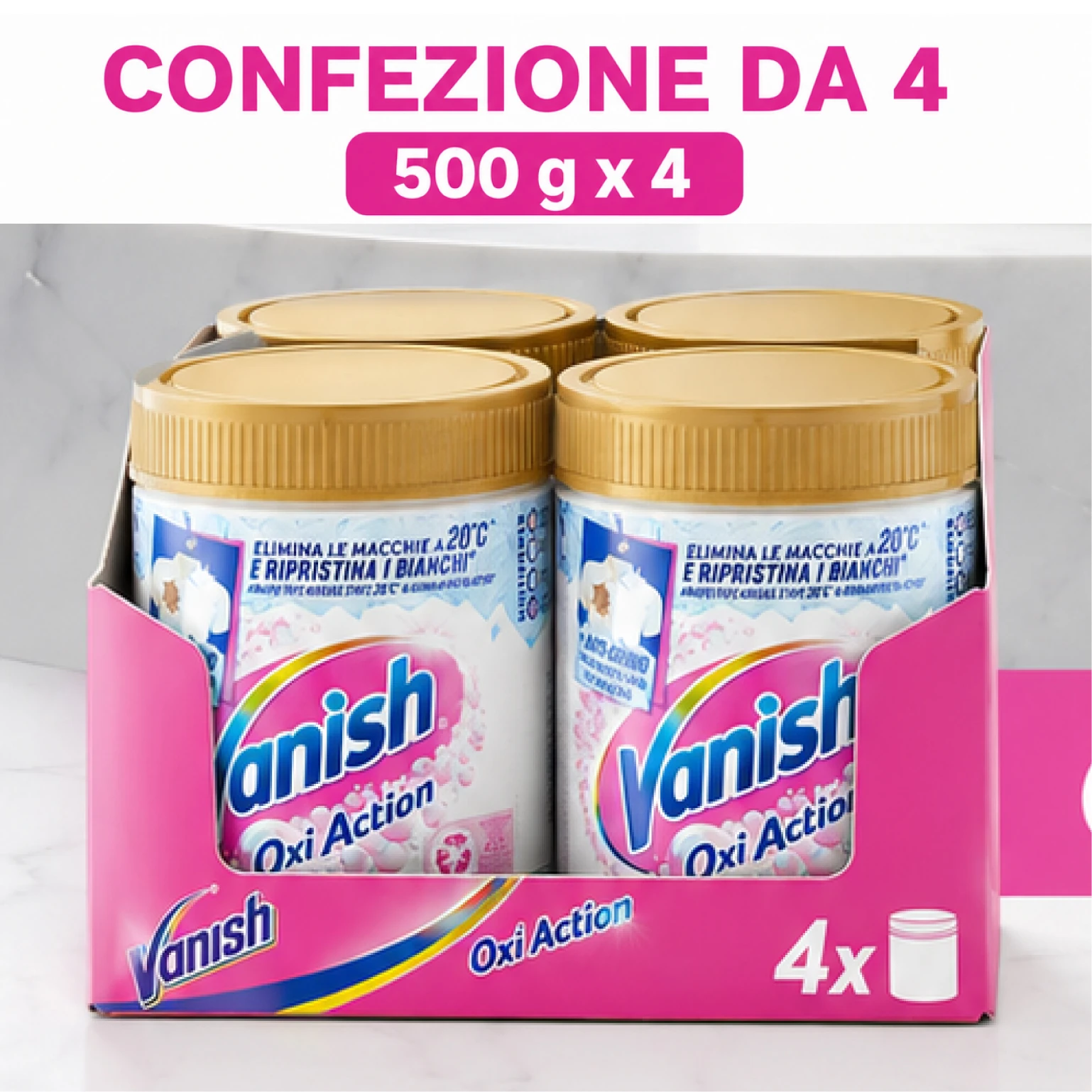 Confezione da 4 Vanish Oxi Action Multipower Polvere Bianco Splendente 1 kg, smacchiatore per capi bianchi, additivo lavatrice multiazione senza
