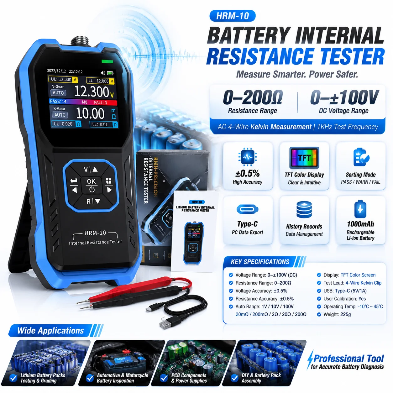 Battery Internal Resistance Tester 100V 200 Ohm 4-Wire Kelvin Meter 0.5pct Accuracy 1KHz AC TFT Display Sorting Mode Volt HRM-10