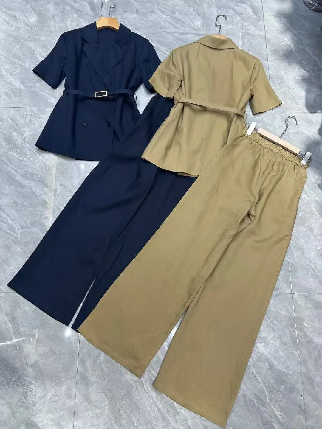 Autumn Classic Elegant Double-Breasted Linen Top and Wide-Leg Pants Two-Piece Set