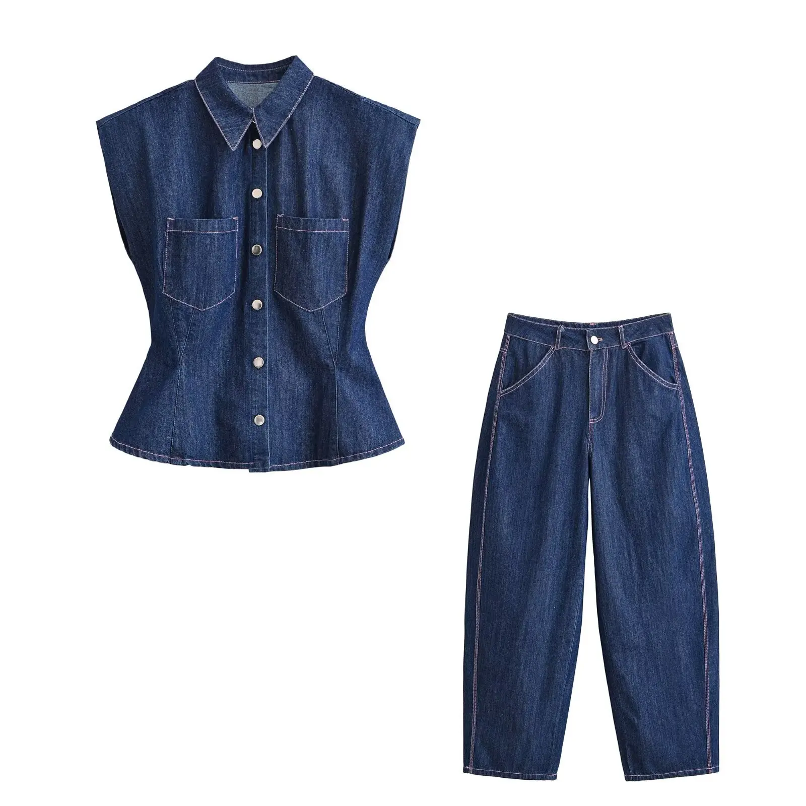 Women Summer Dark Blue Denim 2 Piece Set Sleeveless Button Up Shirt High Waist Horseshoe Pants Suit Loose Y2K Vintage Clothes