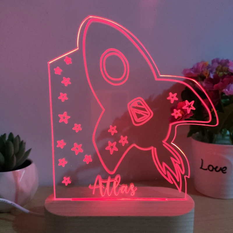 Personalizowana lampka nocna LED z motywem rakiety do pokoju dziecięcego, imię klienta, akrylowa lampka nocna