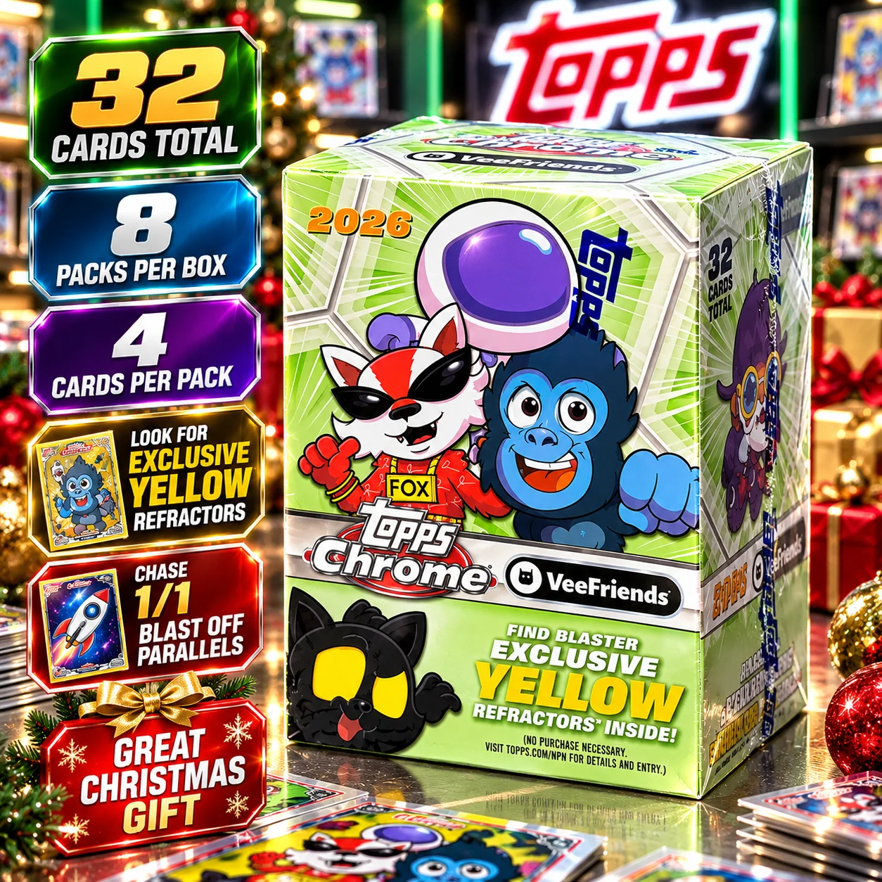 32 Cards 2026 Topps Chrome VeeFriends Blaster Box, 8 Packs with 4 Cards Each, Factory Sealed Trading Card Collection, Look for Exclusive Yellow Refractors & Rare 1/1 Blast Off Parallels, Collectible Cards, Christmas Gifts
