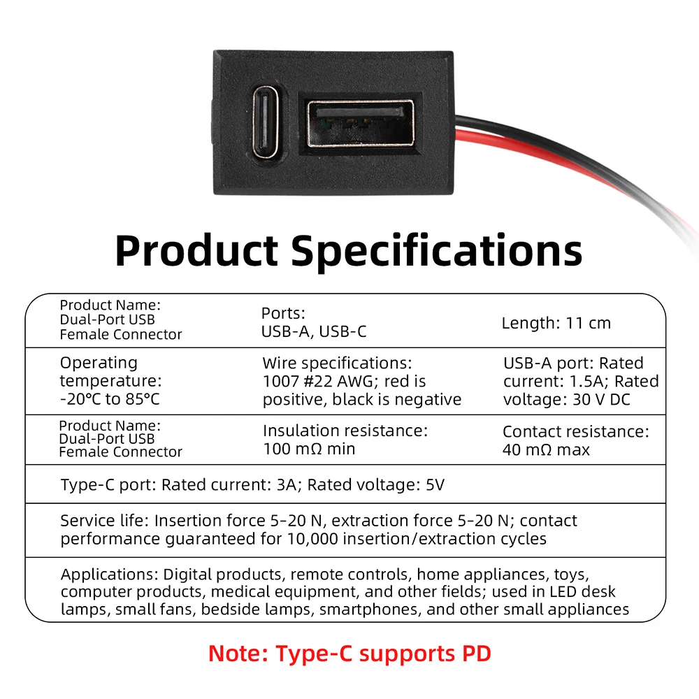 Dual-Port USB Female Connector USB-A Type C Charging Socket with 10000 Insertion Cycles for Home Appliances and LED Lamps