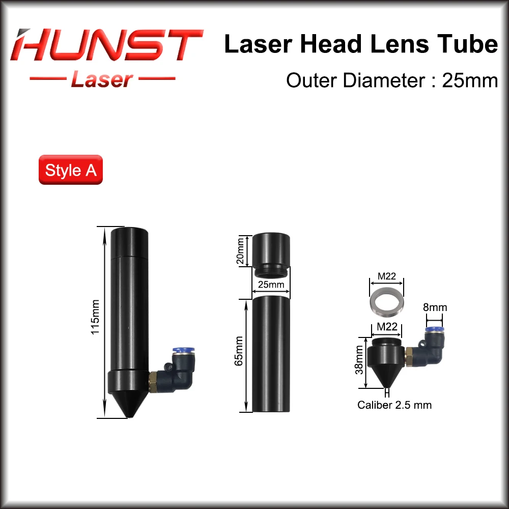 HUNST CO2 Laser Head Lens Tube & Air Nozzle Outer Diameter 25mm for Lens Dia.20 FL 50.8/63.5mm for CO2 Laser Cutting Machine