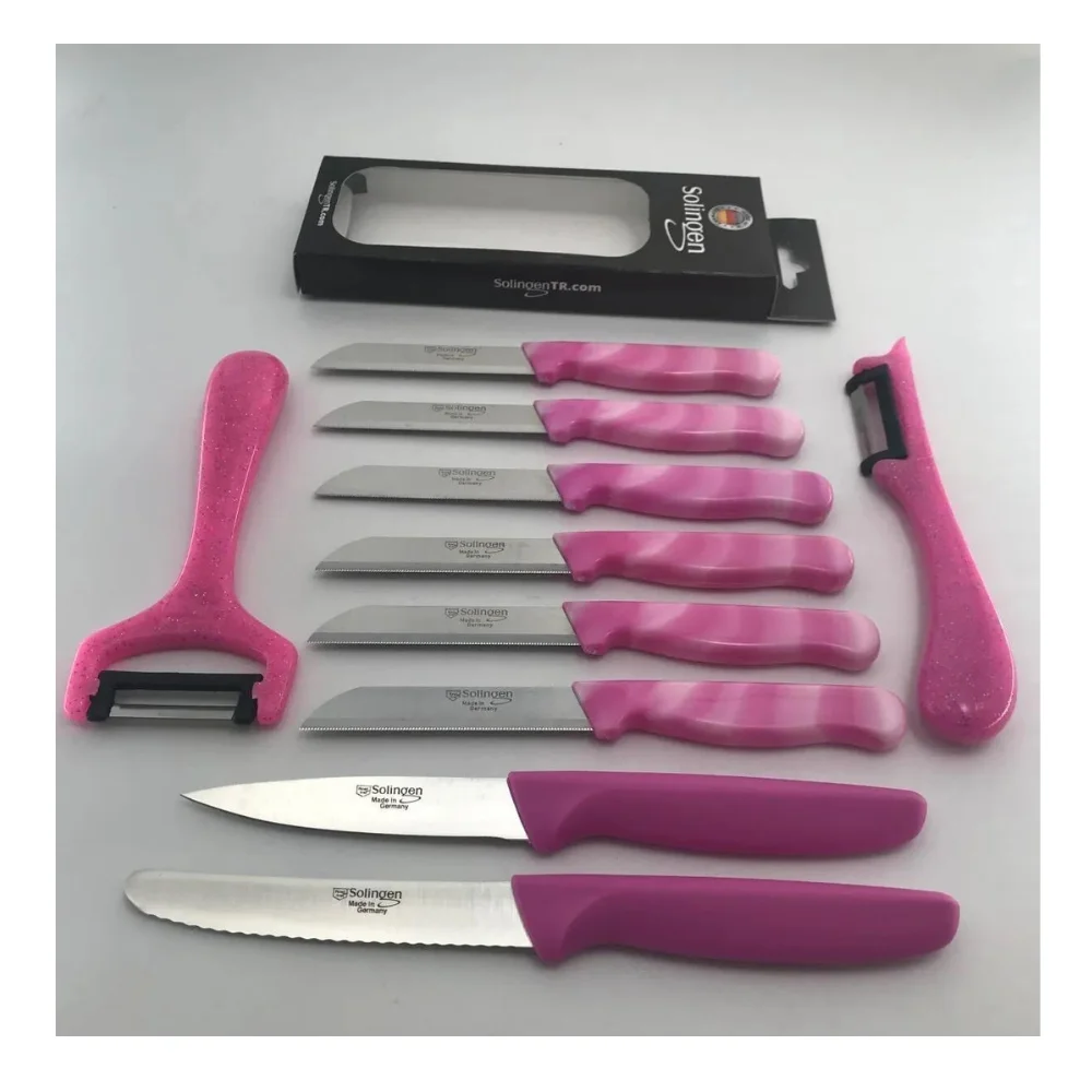 Pink Marble 6 Pieces Knives, 1 Serrated 1 Serrated Chopping Knife, 1 Yansoy 1 Slingshot Set With Peeler The part is Carbon Alloy, St