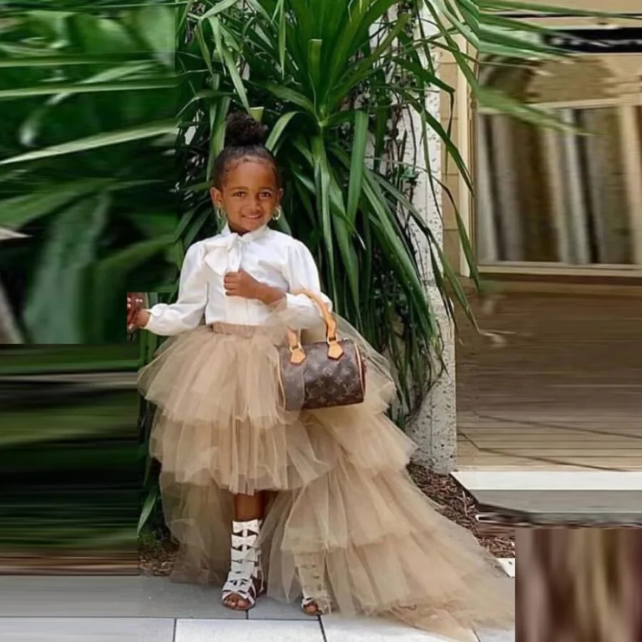 Mała spódniczka dziewczęca warstwowa Khaki Hi Low Flower Girl spódnice na tradycyjna weselna spódniczka z Tutu długi krótki przód z tyłu długi — zdjęcie 2