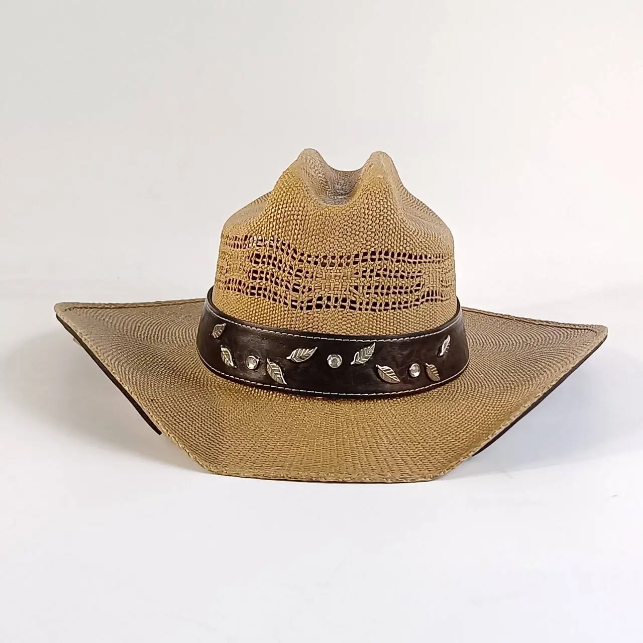Women's Western Cowboy Hat Breathable Straw with Leaf Rivet Decor Wide Brim Sun Hat Multi Colorschapeau cowboy femme