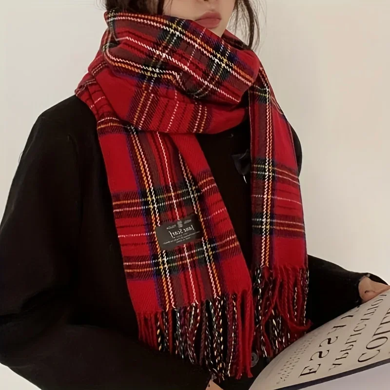 Écharpe à pampilles Tartan rouge, élégante, Vintage, décoration, écharpe de cou, automne hiver, résistante au froid, chaude, unisexe, écharpe enveloppante, étoles Hijab