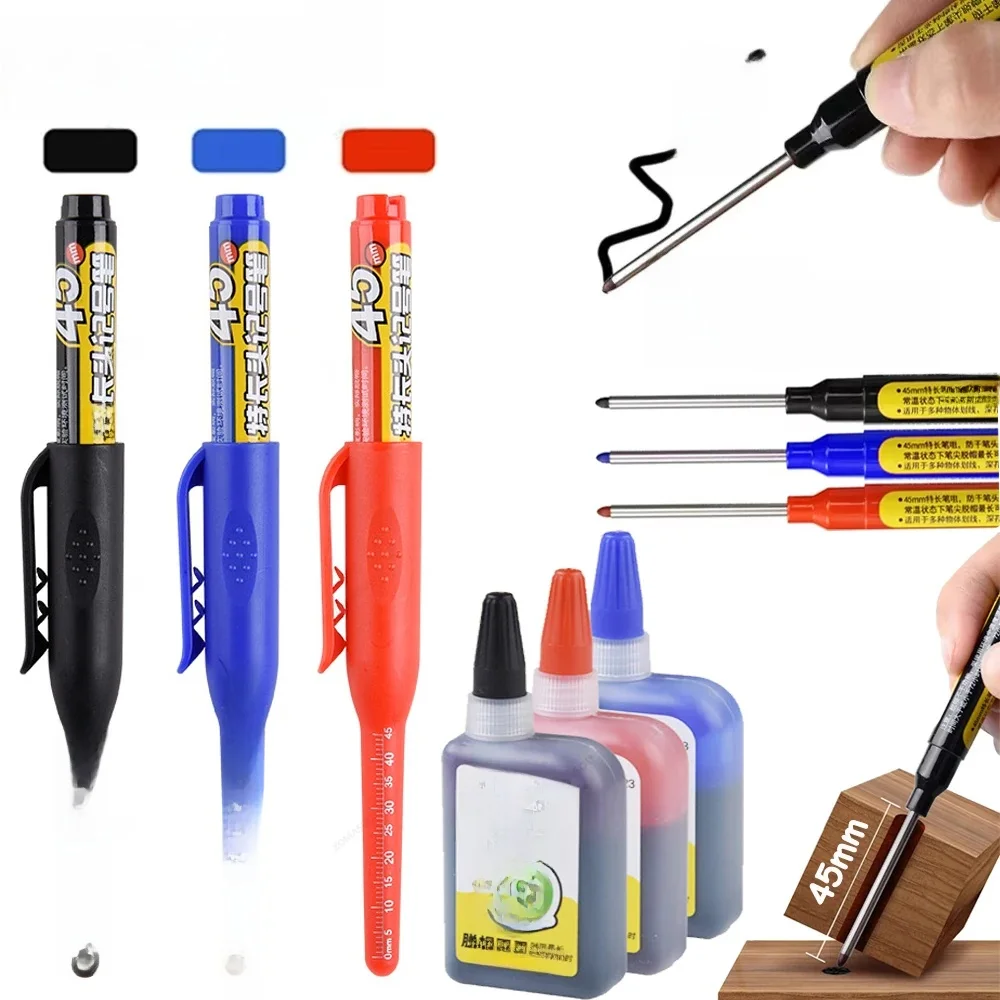 1-6 Stück 45mm wasserdichte lange Kopfs pitze tiefe Loch markierungen Stift fliesen Zimmermanns stift Mehrzweck für die Holz bearbeitung schwarz/blau/rote Tinte
