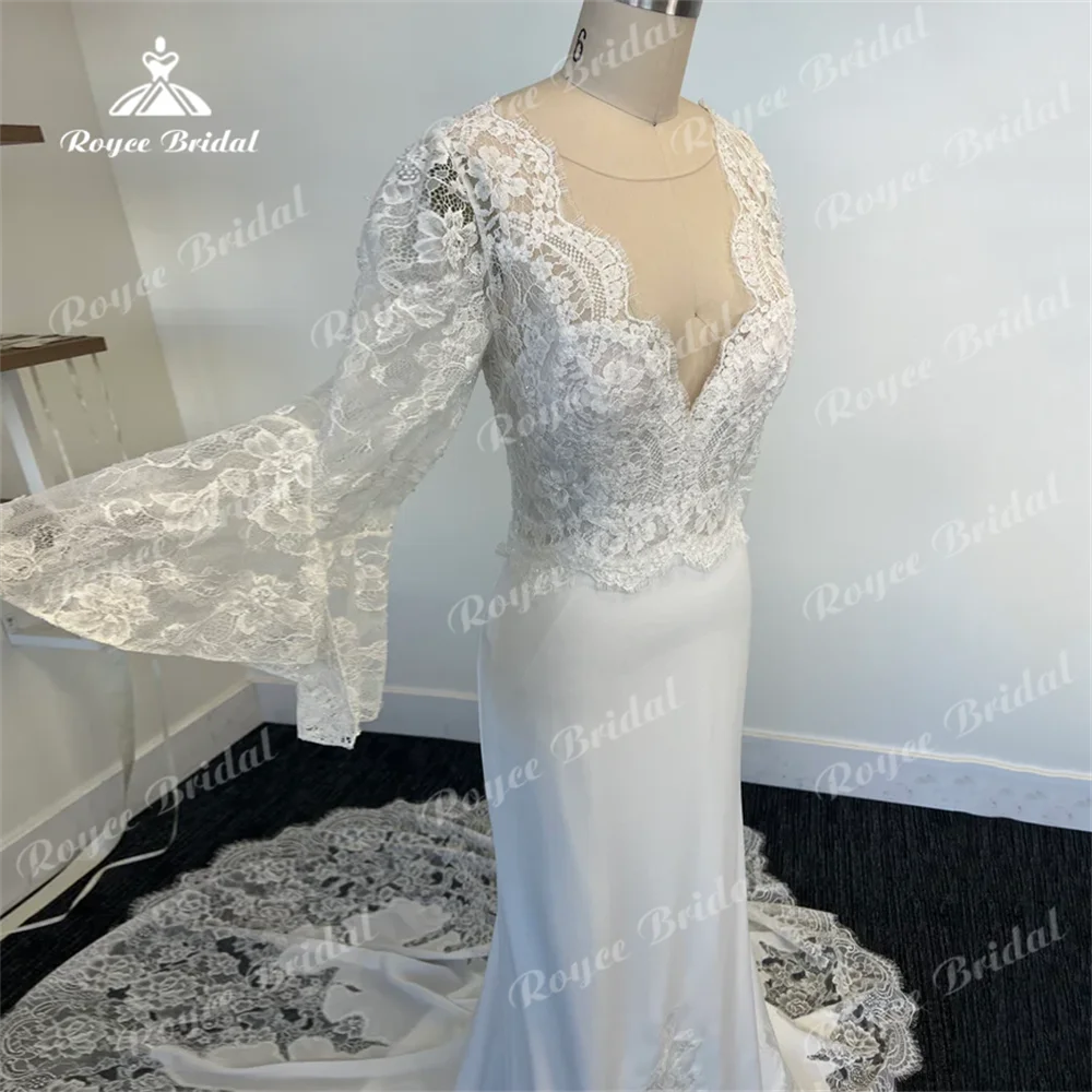 Свадебные платья цвета слоновой кости Roycebridal, кружевное платье с V-образным вырезом, аппликацией, длинными рукавами, бисером, пуговицами на спине, длиной в Пол