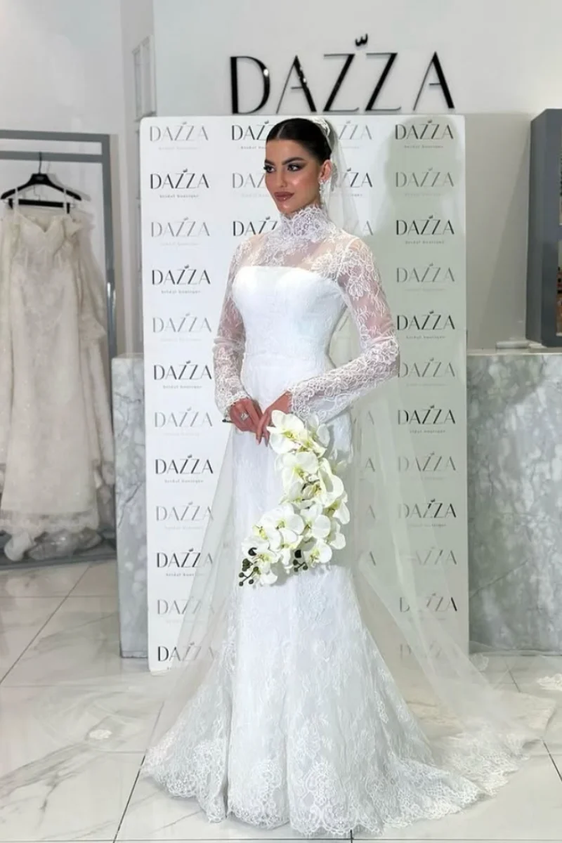 Jessica elegante gola alta vestidos de noite luxo rendas mangas compridas vestidos de baile ocasiões formais vestido de casamento cabido