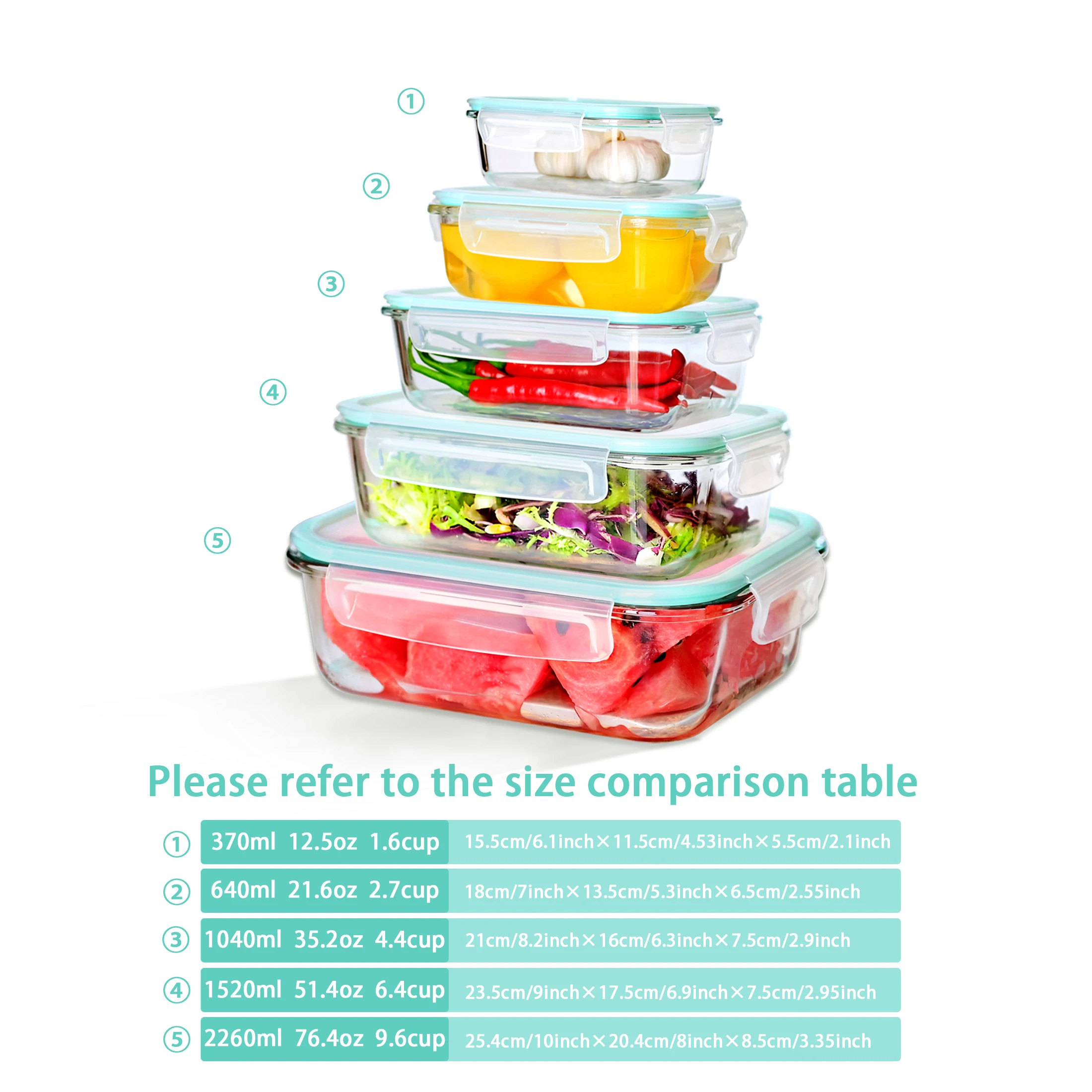 SAEIV 8-piece set of airtight food storage containers, 370/1040ml glass food storage jars, microwave/dishwasher safe, BPA-free – Detail 7
