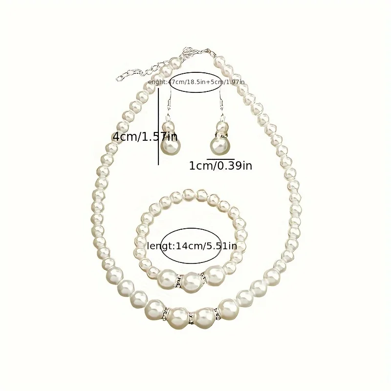 4 pçs/set conjunto de jóias de pérola falsa com colar brincos pulseira, pulseira em forma de pérola e brincos simples em tom dourado para mulher