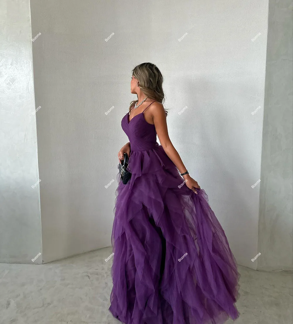 Booma Purple A-Line Long Prom Dresses Spaghetti Straps Ruffles Tulle Formal Party Gowns for Women Evening Dresses Dubai