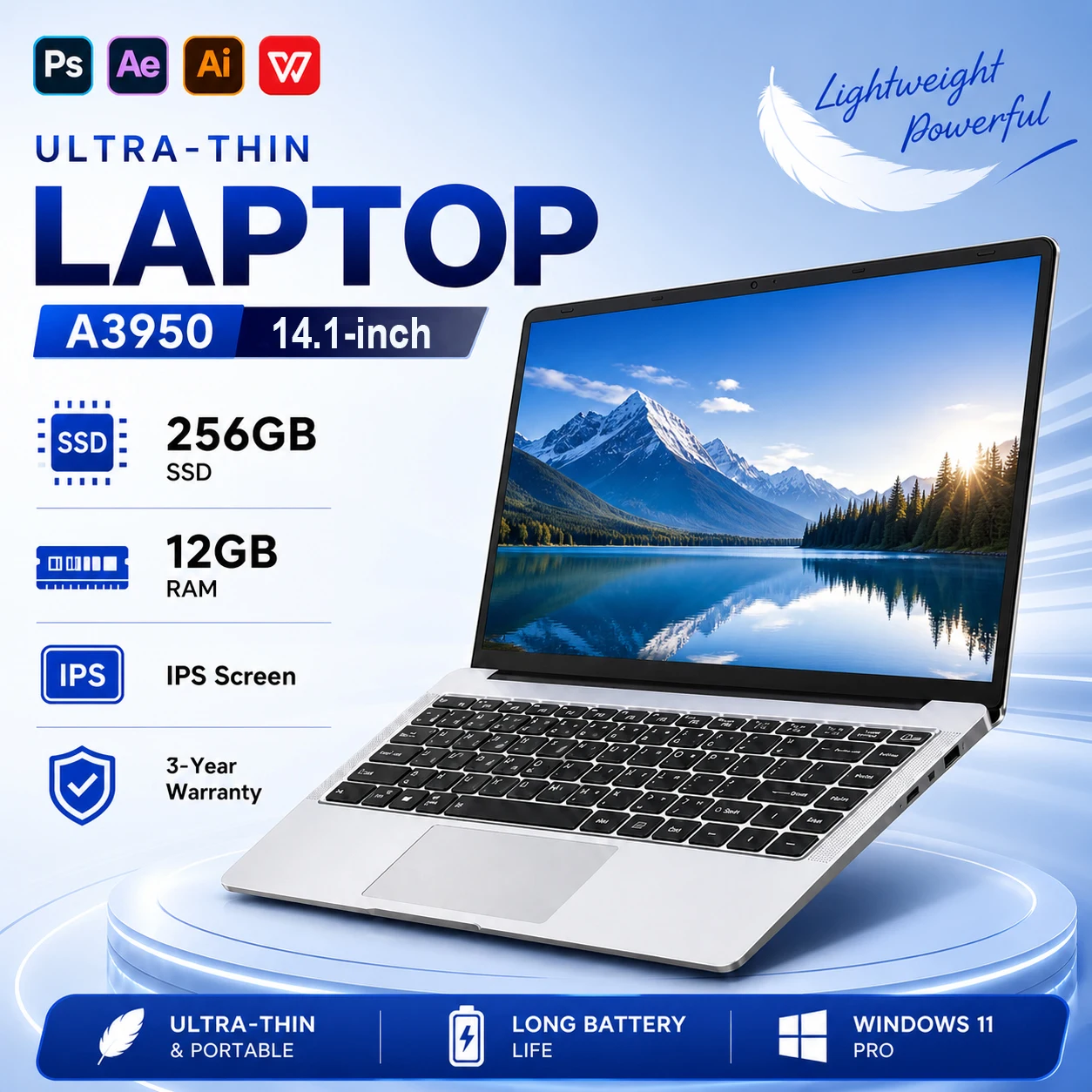 Computadora Portátil Empresarial de 14.1 Pulgadas con Windows 11 Pro, Intel Atom A3950, 12 GB de RAM, SSD de 1 TB o 2 TB, Pantalla de 1920*1080P, para Oficina y Estudio