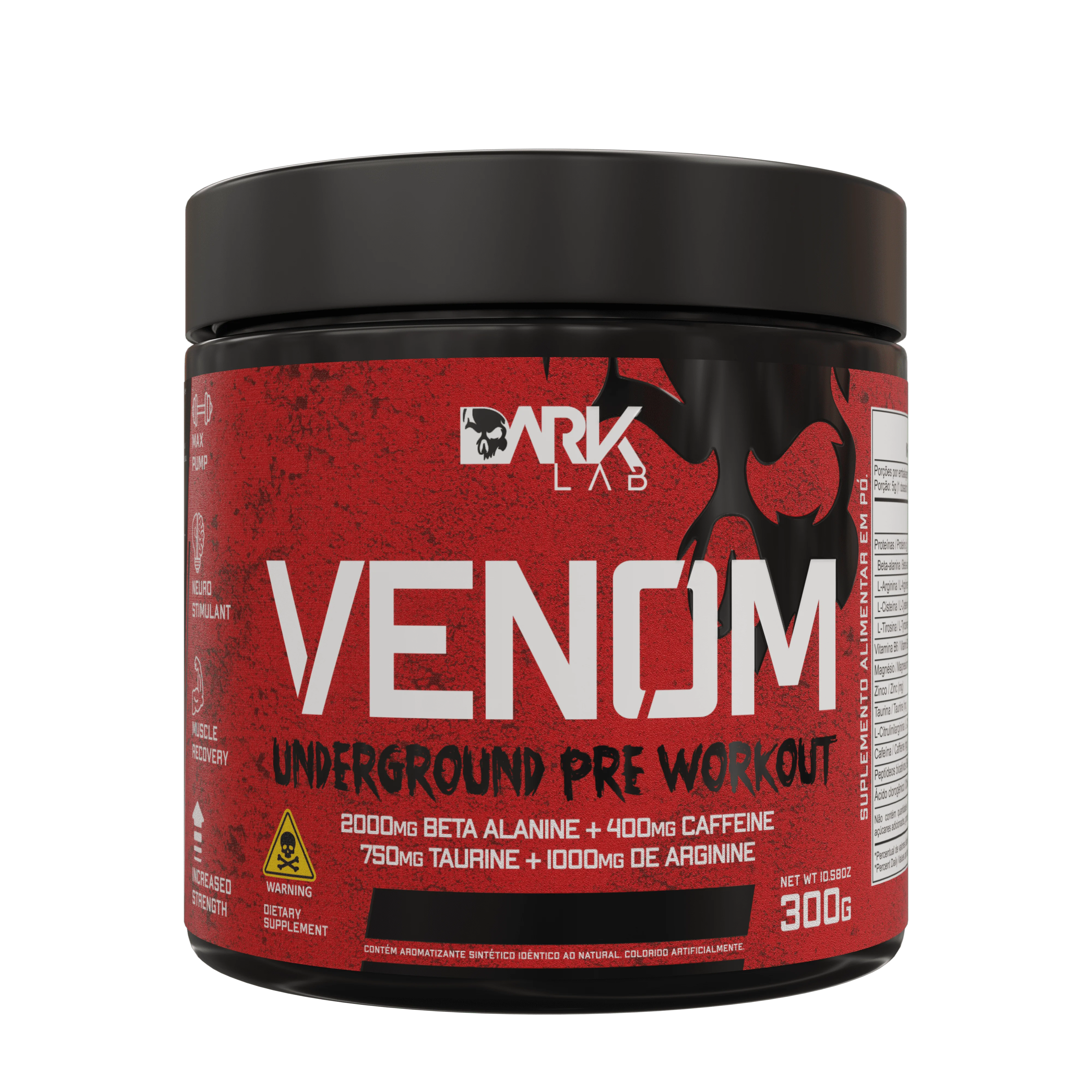 Pre Workout Venom 300g Pre Workout subterráneo Dark Lab, Beta Alanine, Cafeina, Taurina, Arginina