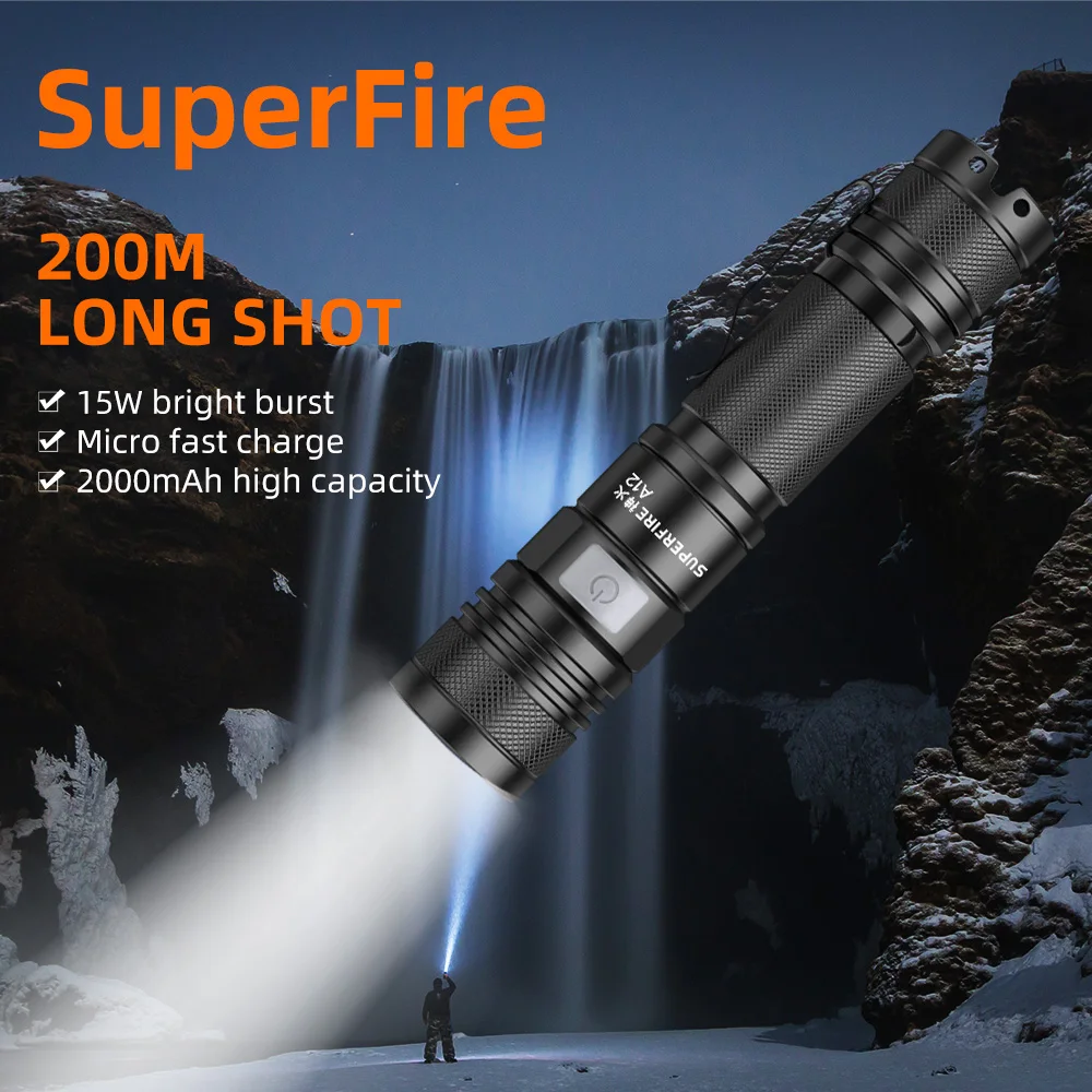 SuperFire A12 High power led flashlight 15W Zoom Portable Torch 200m Long Range Rechargeable usb-c Camping Fishing Lantern