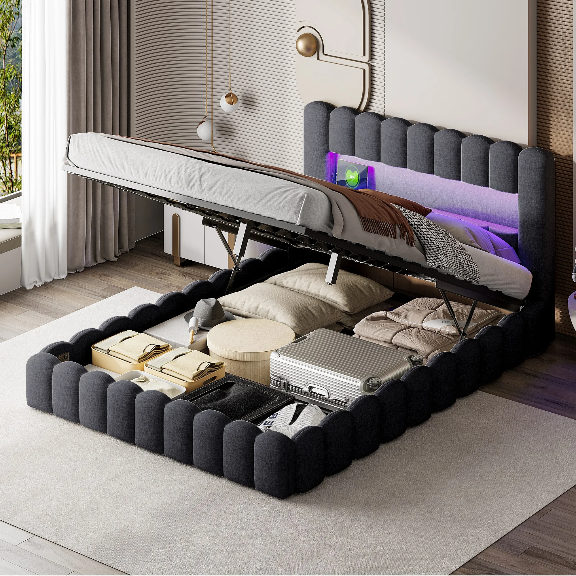 Comanlai, letto idraulico 140 x 200 cm, letto per adulti, struttura letto con ampio spazio contenitivo, letto matrimoniale, struttura letto con schienale alto, letto imbottito, letto imbottito robusto