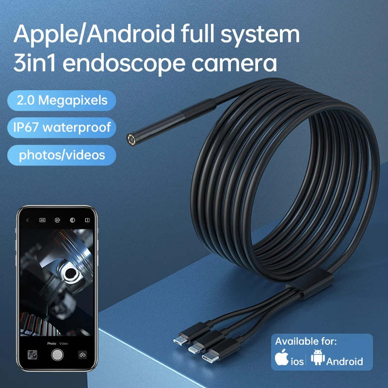 Endoscope Camera 1080P HD USB with LED light, flexible cable, waterproof, for inspection, Android and PC with small hook, etc.