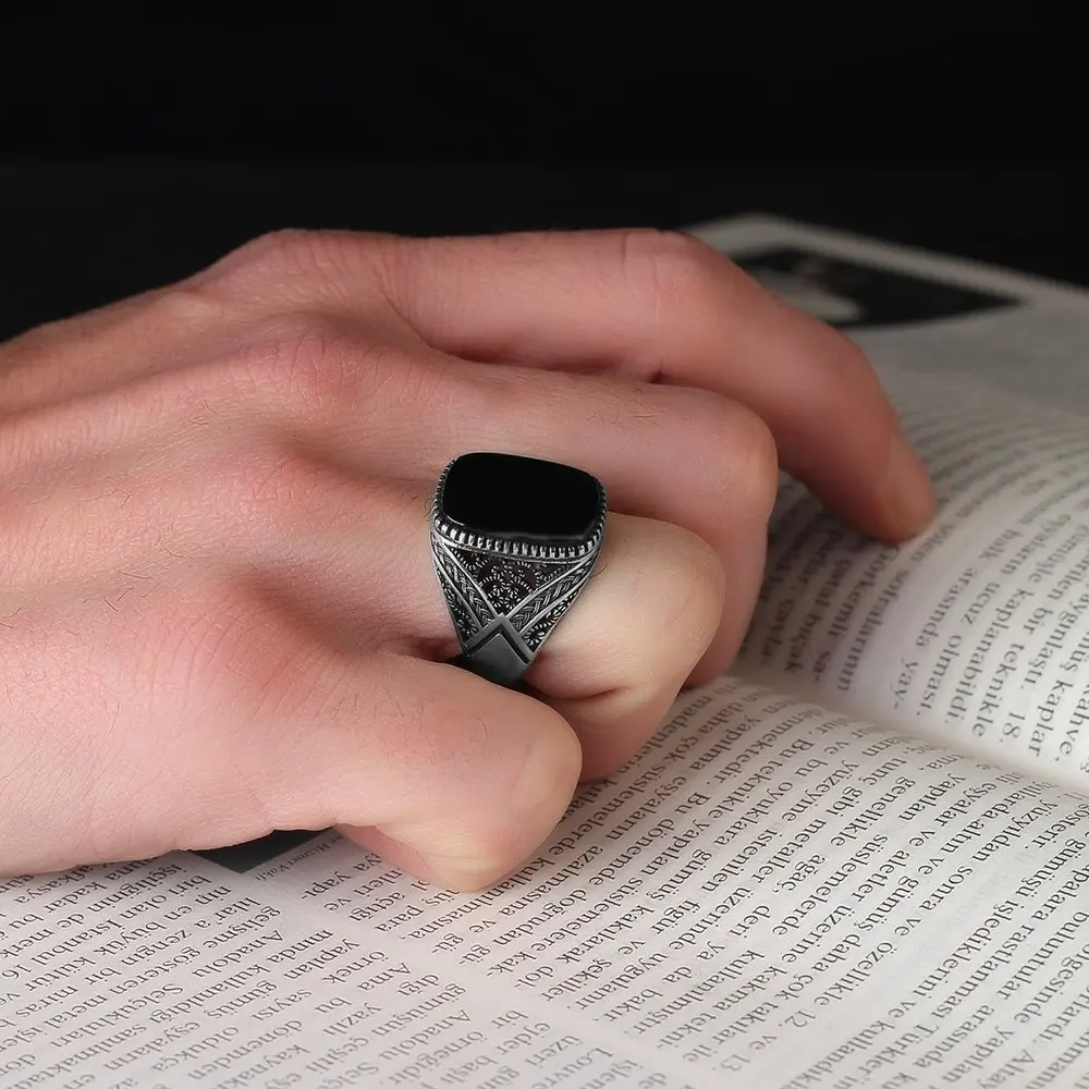 Onyx Gemstone 925 Sterling Mens Silver Ring, Free Shipping, Real Natural Stone, Vintage Made in Turkey, dropshipping, Fashion Trendy Jewelry