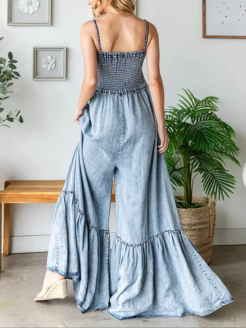 025 Trendy Women's Off-Shoulder Denim Jumpsuit - Smocked Wide Leg, Ruffled Hem Cotton Blend, Casual Chic for Spring/Summer/Fall