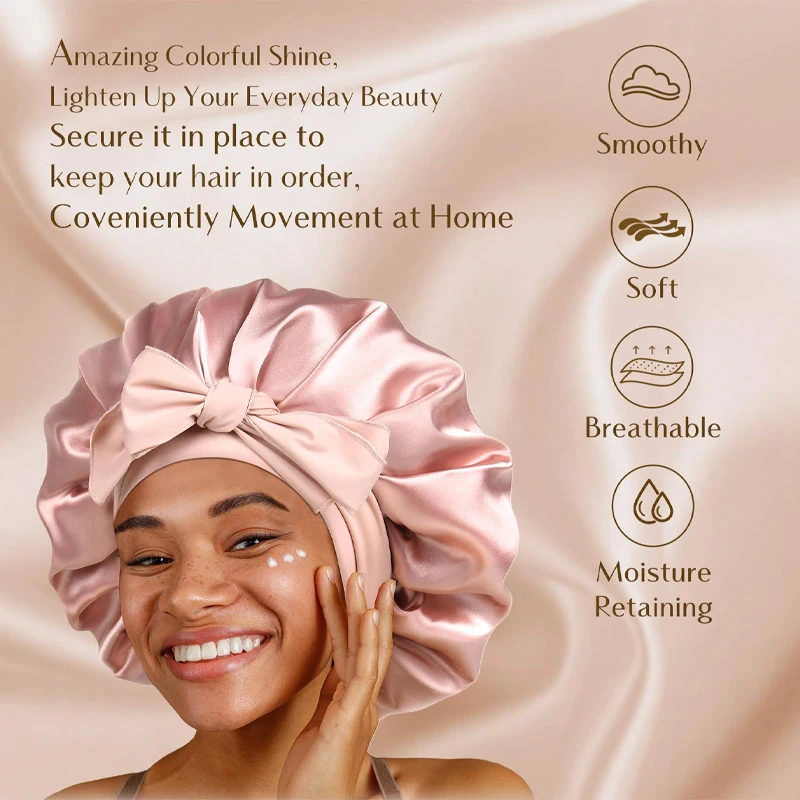 Fashion women\'s satin shower cap silk care sleep cap multi-color optional wide brim long tail shower cap suitable for bathing ca