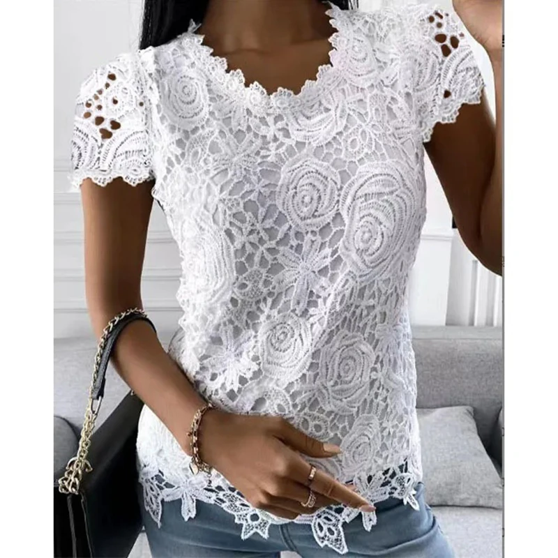 Y2k Vintage Lace Blouse Women T-Shirts Sexy O-Neck Short Sleeve Patchwork Elegant Fashion Clothes Streetwear Casual Solid Tops