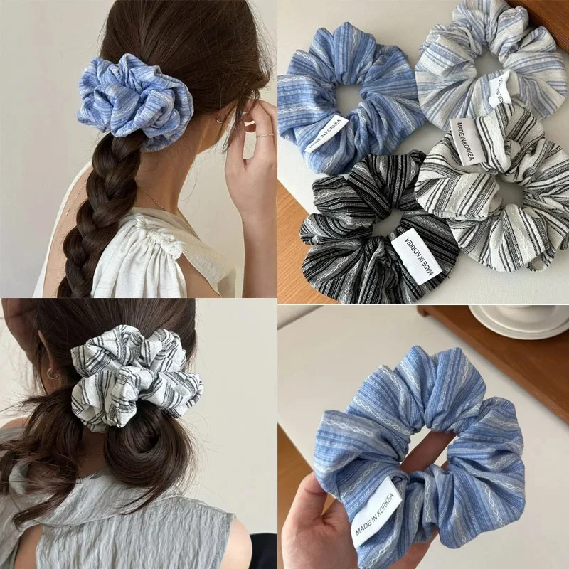2024 Korea Fashion Stripe scrunchies do włosów Girls Blue Scrunchie Elastyczna duża opaska do włosów jedwabna gumka do włosów akcesoria do włosów — zdjęcie 2