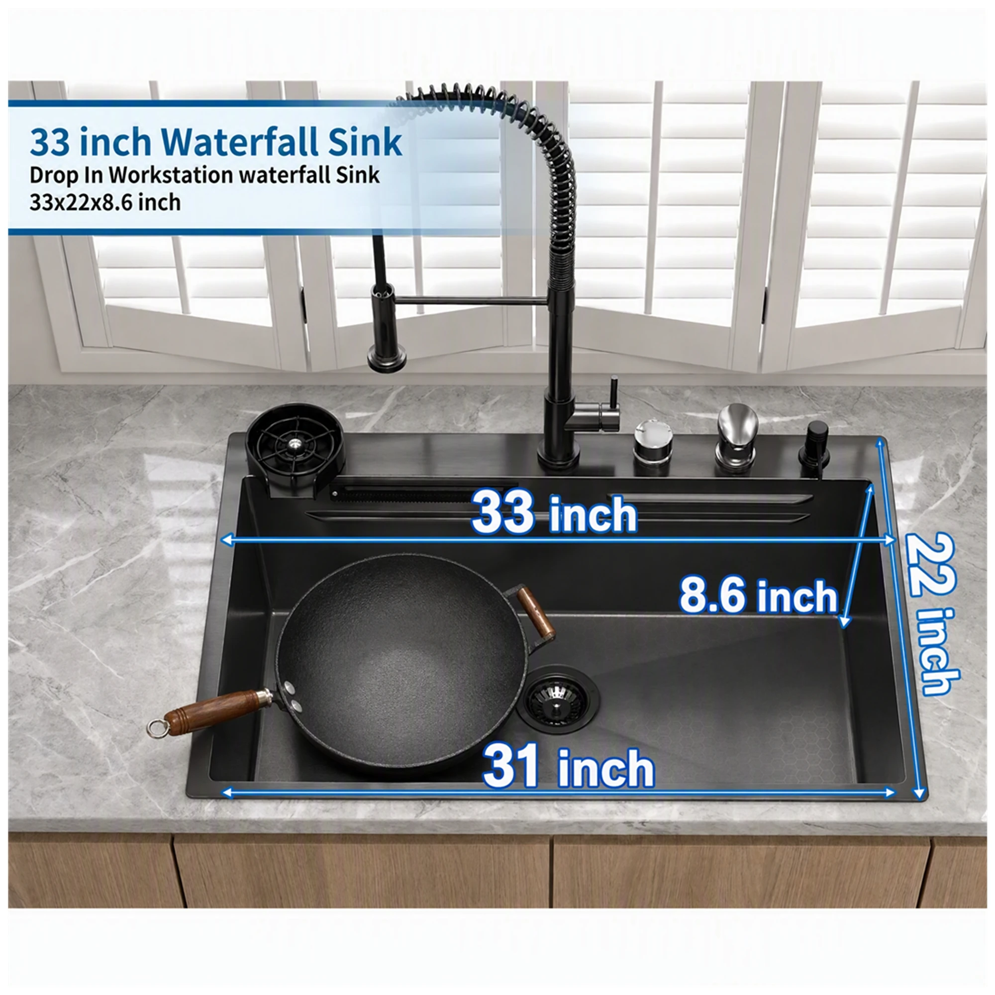33x22 Inch Waterfall Kitchen Sink, Black Stainless Steel Drop-In Multifunctional Kitchen Sink