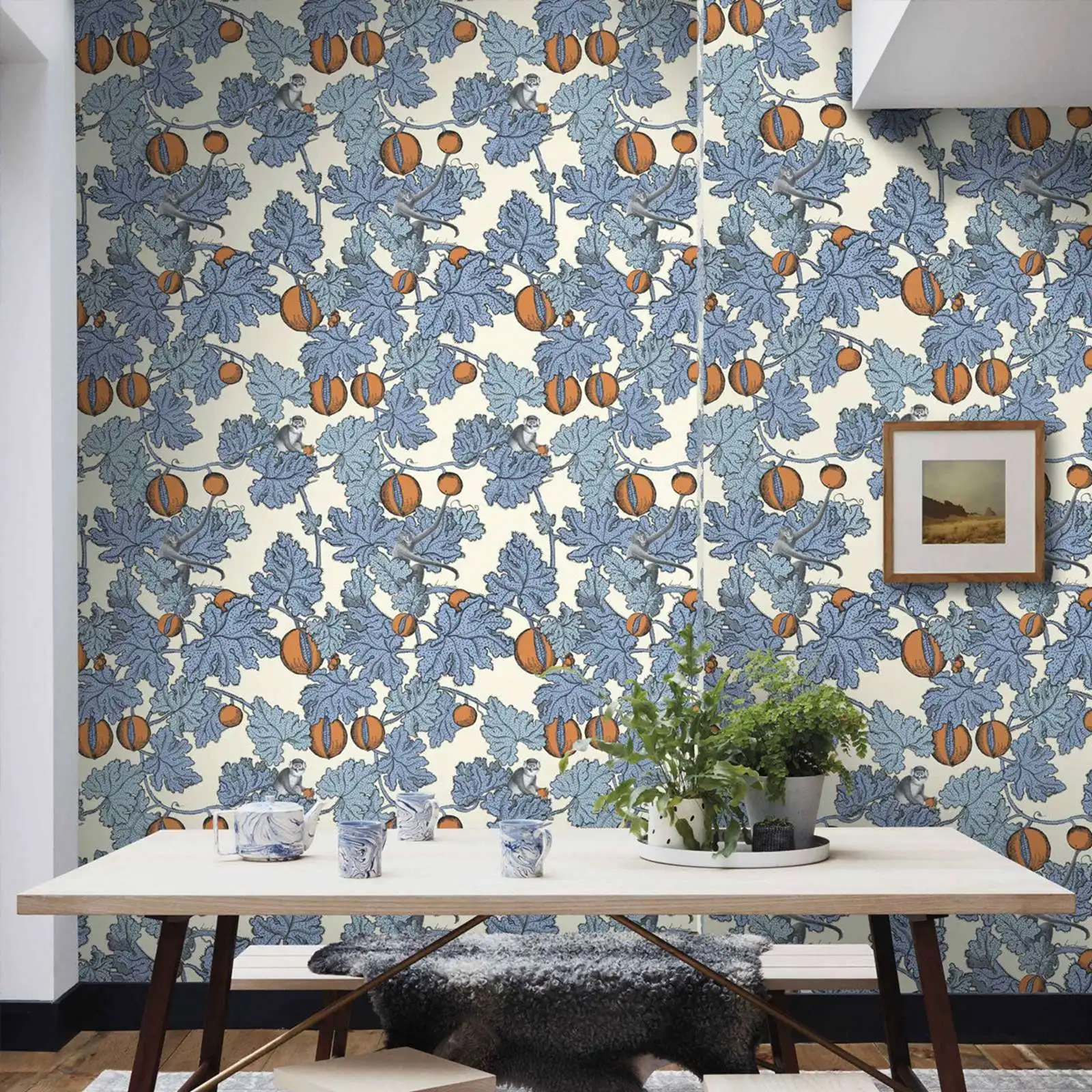 Monkeys and fruit Wall Paper, Frutto Proibito Blue and Orange  Wallpape, Scandinavian design, removable Wallpaper