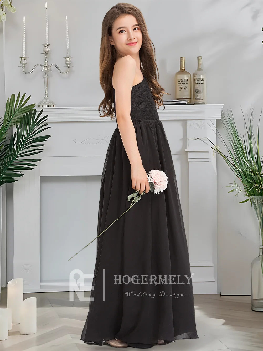 

A Elegant A-Line One Shoulder Chiffon Lace Junior Bridesmaid Dress Sapphire Flower Girl Dress Floor-Length Wedding Party Gown