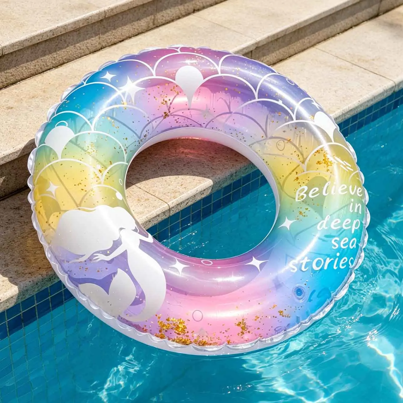 1PC Mermaid Glitter Inflatable Swim Ring Rainbow Pool Float Tube With Handles Summer Beach Water Party Float
