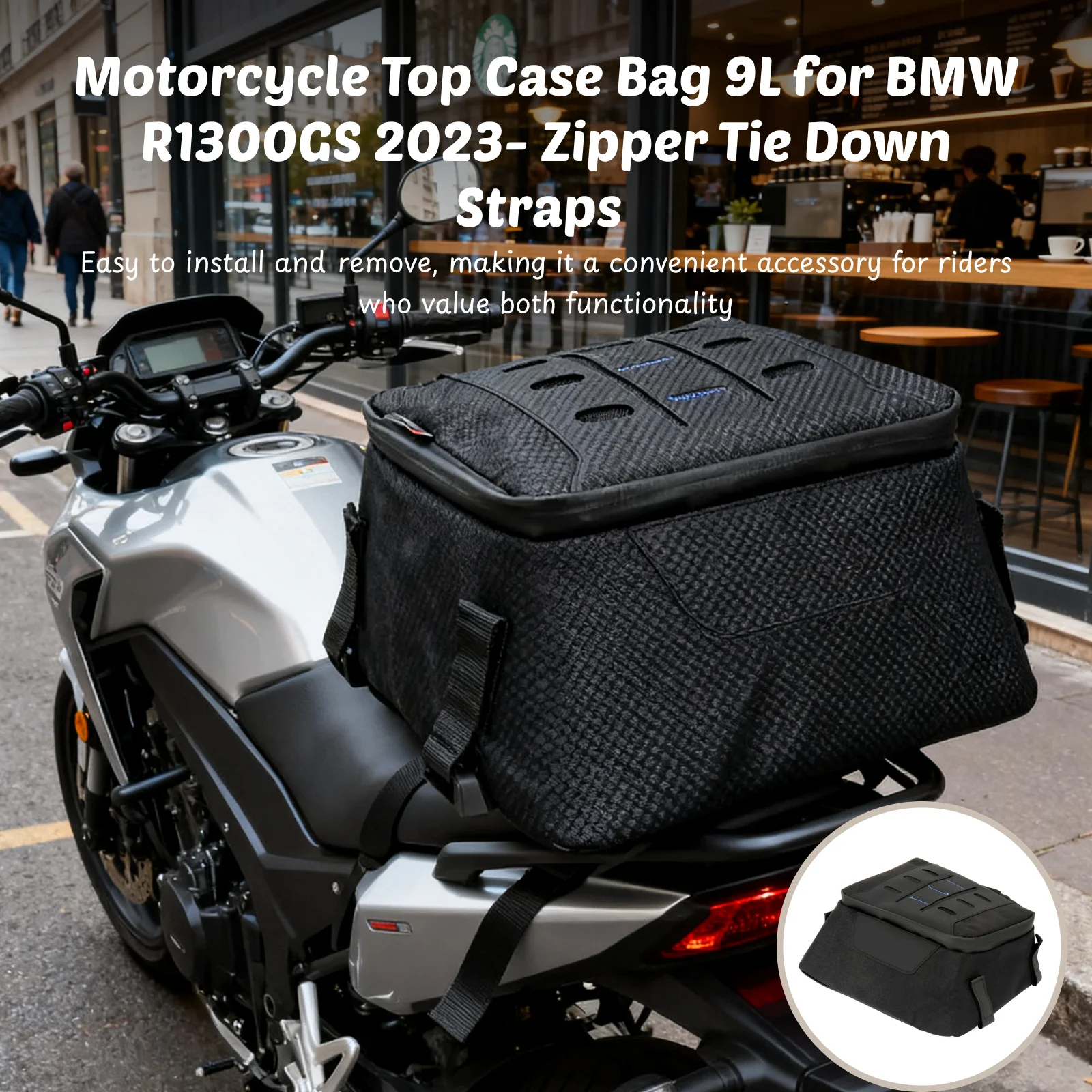 

Сделано из качественной ткани Оксфорд, мотоциклетный верхний чехол, сумка 9 л, обеспечивающая долговечность для BMW R1300GS 2023 — ремни на молнии