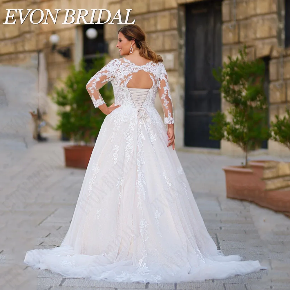 EVON BRIDAL Luxury Plus Size Wedding Dresses For Bride Long Sleeve Applique Scoop Neck Vestidos De Novia Bridal Gown Customized