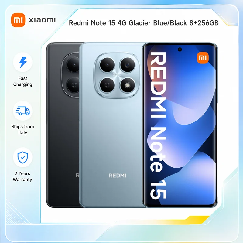Xiaomi Redmi Note 15 4G Smartphone Azul Glaciar / Negro 8+256GB Cámara Superclara de 108MP Pantalla AMOLED de 6.77" NFC MediaTek Helio G100-Ultra Batería de 6000mAh (típica) Resistencia al Polvo y al Agua IP64