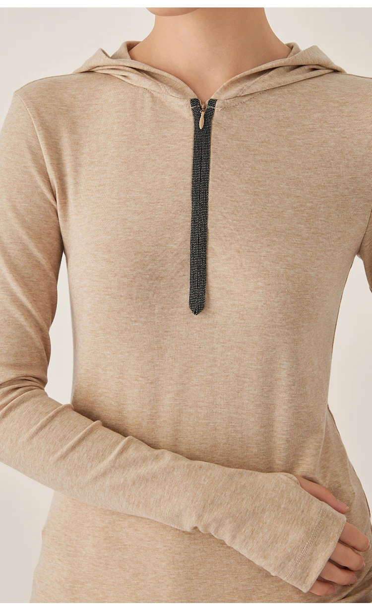 KX9523407 Eleganter Damen-Strick-Hoodie aus Wollmischung mit Langen Ärmeln und Spandex – Detail 5
