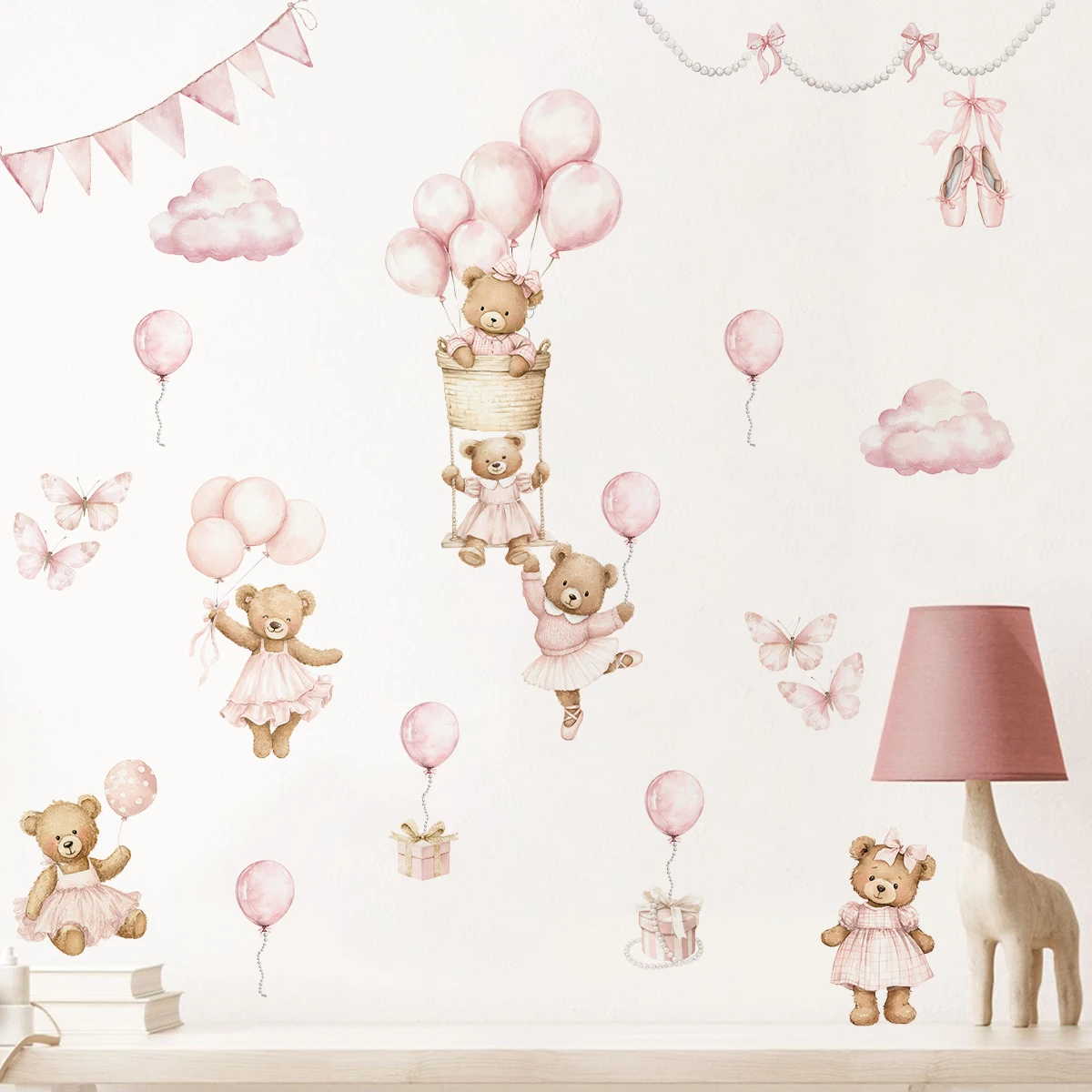 Cute Cartoon Ballet Teddy Bear Pink Balloon Wall Sticker Nursery Girls Room Child Room Decal Kids Room Bedroom Living Home Decor