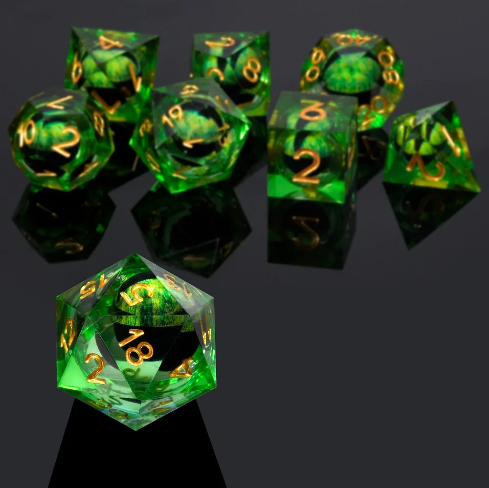 7pcs Green Liquid Core DND Dice Set Resin Dice For D&D Dice with Velvet Bag Dungeons and Dragon Game D4 D6 D8 D12 D20