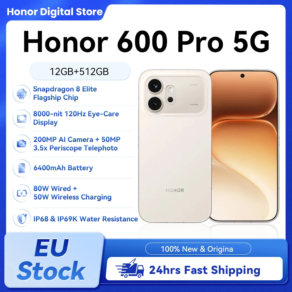 Smartphone Honor 600 Pro 5G Snapdragon 8 Elite 200Mp Ai Night 6.57 Amoled 12Gb 512Gb 6400Mah 80W 50W Wireless Esim Pulsante AI Nfc