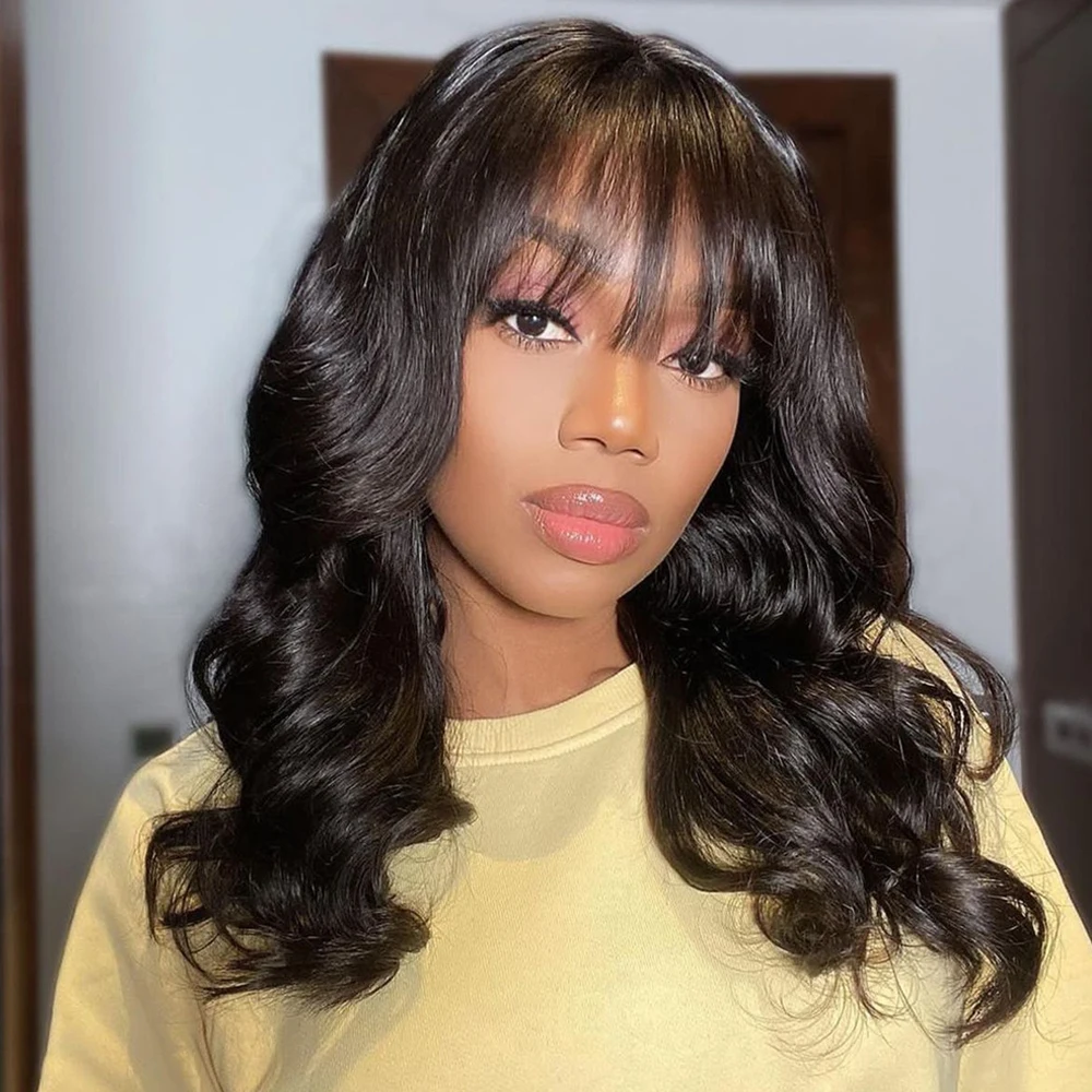 Glueless 3X1 Lace Body Wave Human Hair Wigs With Bangs 180% Density Wavy Bob Hd Lace Wigs For Women Natural Virgin Human Hair