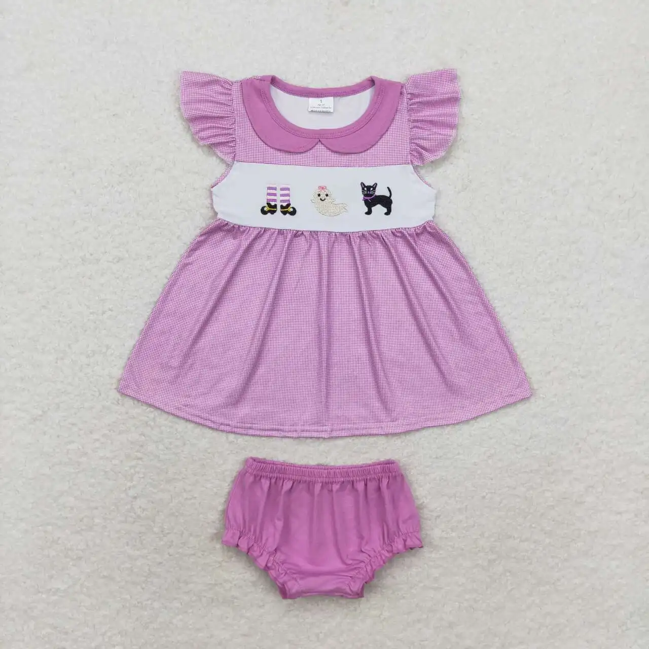 New baby halloween Set Girls embroidery ghost Baby short Sleeve  purple bummies set