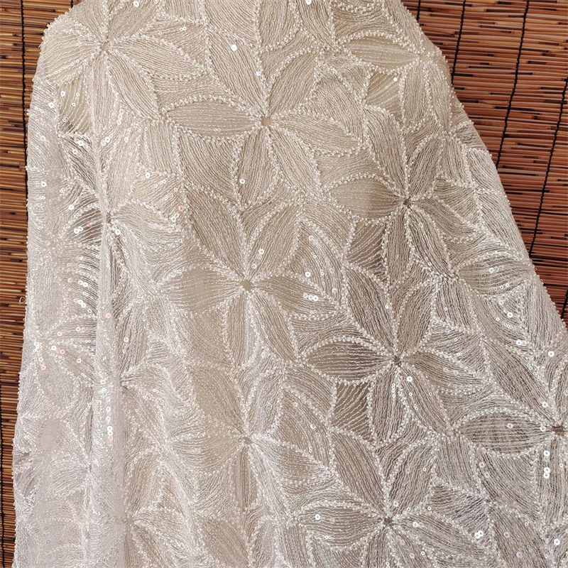 New off-white mesh embroidery beading sequins flower cloth fabric wedding dress skirt curtain tablecloth accessories