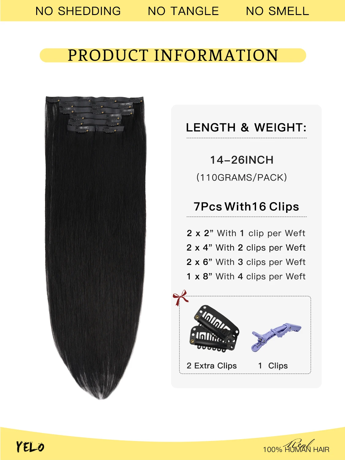 YELO غير مرئية PU كليب في شعر بشري لعذراء 7 قطعة 110 جرام مستقيم 14-24 بوصة لحمة PU سلسة مع نهايات طبيعية سميكة